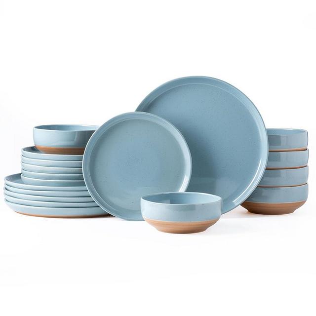 AmorArc Ceramic Dinnerware Sets for 6, 18 Pieces Handpainted Plates and Bowls Set with Rustic Terracotta Underside, Scratch Resistant Stoneware Dishes Set, Dishwasher & Microwave Safe, Stone Blue