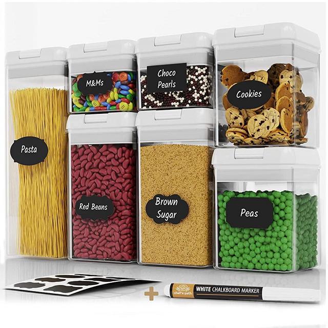 Airtight Food Storage Containers Set - 7 PC - Pantry Organization and Storage 100% Airtight, BPA Free Clear Plastic, Kitchen Canisters for Flour, Sugar and Cereal, Labels & Marker (White)