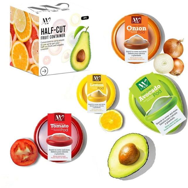 Silicone Fruit Storage Box | Fresh Pod | Set of 4 Reusable Silicone Fruit & Vegetable Storage Containers | Avocado Saver, Tomato Holder, Onion, & Lemon Keepers for Fridge - Kitchen Organizers