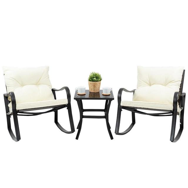 Kozyard 3 Piece Outdoor Rocking Chairs Patio Bistro Set with Coffee Table and Cushions, Patio Wicker Rocking Chair Conversation Set for Balcony, Lawn and Porch Poolside (White)