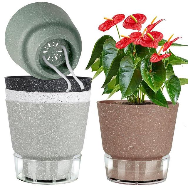 QRRICA Plant Pots 6 inch Self Watering Pots, 5 Pack Flower Pots Outdoor Indoor, Planters with Drainage Hole and Tray Saucer-Multicolour