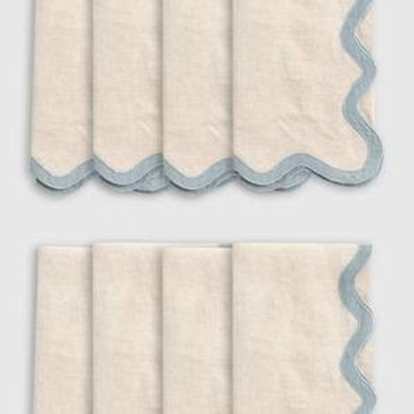 European Linen Scallop Edge Napkins (Set of 8) - Flax/Dusty Blue