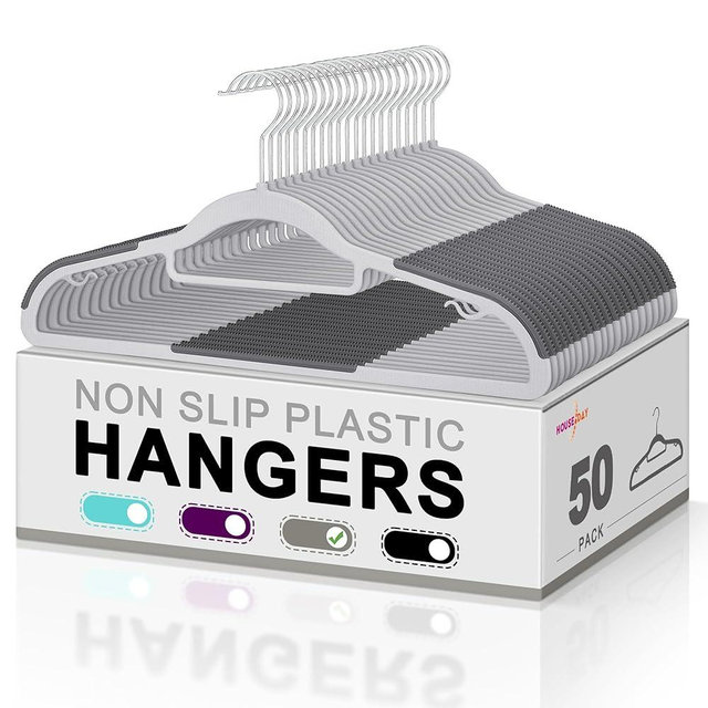HOUSE DAY Plastic Hangers 50 Pack, Plastic Clothes Hangers Non Slip Hangers with Rubber Grip, Heavy Duty Plastic Hangers with 360° Swivel Hook, Ultra Thin Hangers Space Saving, Gray Hangers for Closet