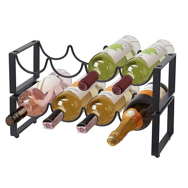 Metal Wine Rack Freestanding, Stackable Water Bottle Holder Stand Wine Storage Organizer for Kitchen Countertop Pantry Fridge Bar Cellar Basement (2Tier 43cm)