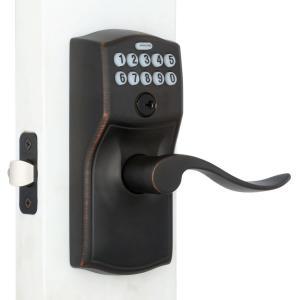 Accent Aged Bronze Keypad Electronic Door Lever with Camelot Trim Featuring Flex Lock