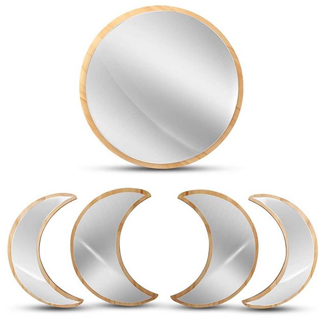 Lunar Sol - Moon Phase Mirror Set - Real Glass with Solid Pine Wood - Scandinavian Boho Wall Decor for Any Interior Living Room, Apartment, Home, or Bedroom - Moon Decor - 5 Piece (Natural)