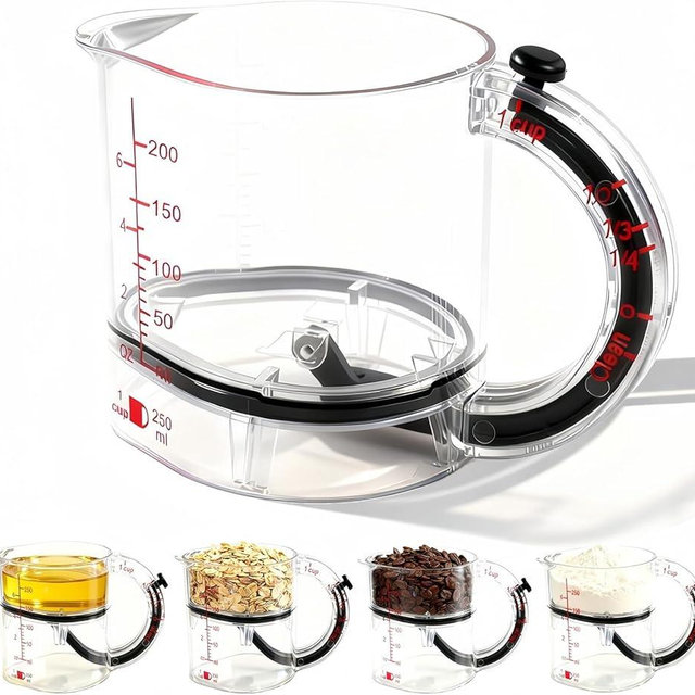 4 in 1 Adjustable Measuring Cup, Multi-Functional Up Cup Measuring Cup, with Adjustable Base & Scraper-Style Seal Base, Space-Saving Easy to Clean for Cooking and Baking & Ingredients