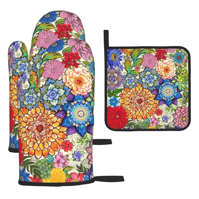 Boho Floral Oven Mitts and Pot Holders Sets of 3, Colorful Flowers Heat Resistant Kitchen Gloves Hot Pads, Chef Baking Gifts for Baker Women Mom Wife, Spring Easter Kitchen Gifts for Cooking Lover