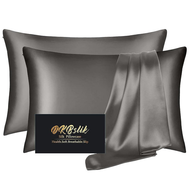 Silk Pillowcase 2 Pack, Mulberry Silk Pillow Cases Queen Size Set of 2, Anti Acne Silk Pillowcase for Hair and Skin, Natural Silk Satin Pillowcases Gifts for Women Men 2 Pack with Zipper, Dark Gray