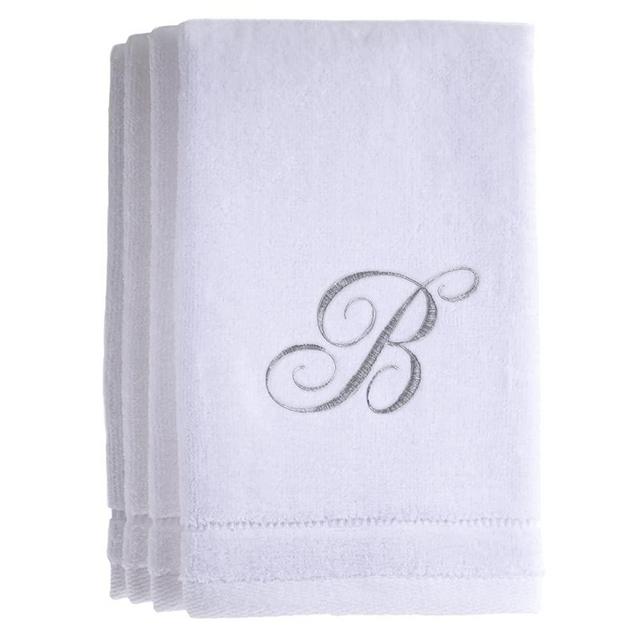 Monogrammed Towels Fingertip, Personalized Gift, 11 x 18 Inches - Set of 4- Silver Embroidered Towel - Extra Absorbent 100% Cotton- Soft Velour Finish - For Bathroom/ Kitchen/ Spa- Initial B (White)