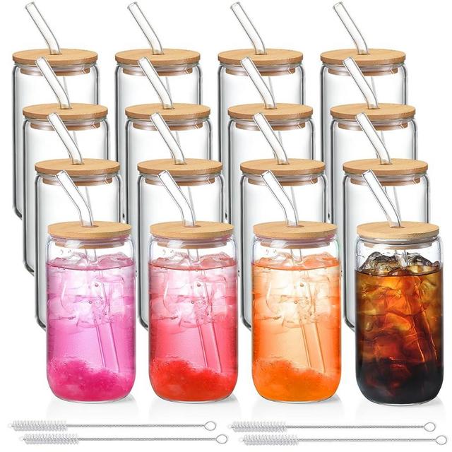 16 Pack Glass Cups with Lids and Straws 16 oz, Personalized Customizable Glasses for Gift, Business, Can Shaped Drinking glasses set, Iced Coffee Cup, Cute Aesthetics Tumbler for Tea, Homemade Drinks