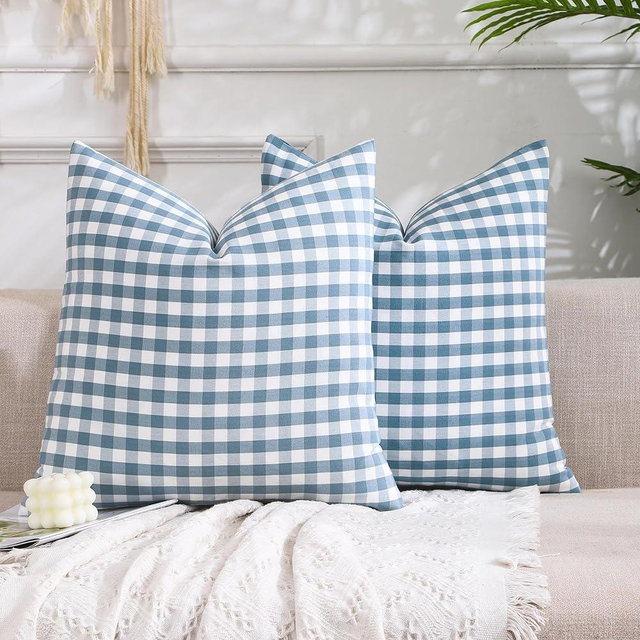 CARRIE HOME Light Blue Farmhouse Buffalo Plaid Pillow Covers 18x18 Set of 2 Patio Outdoor Decor Neutral Checkered Pillow Covers 18 x 18, Blue and White Gingham