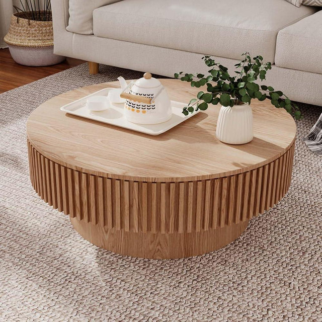 31.5'' Round Coffee Table with Storage, Modern Wooden Coffee Table with Solid Wood Veneered, Circle Center Table Accent Tea Table for Living Room Apartment Natural Wood