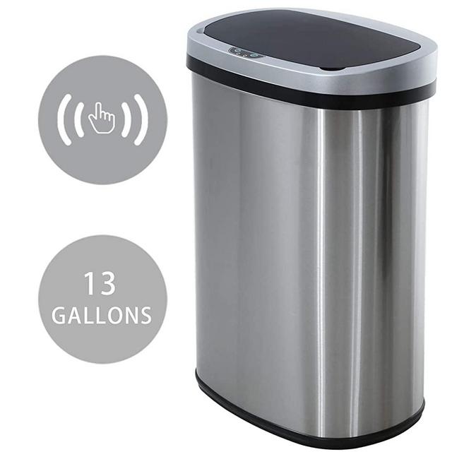 HCB Touchless Trash Can Automatic Waste Bin Mute Metal Garbage Can with Lid Stainless Steel 13 Gallon 50 Liter for Kitchen | Office | Bedroom | Bathroom | Living Room