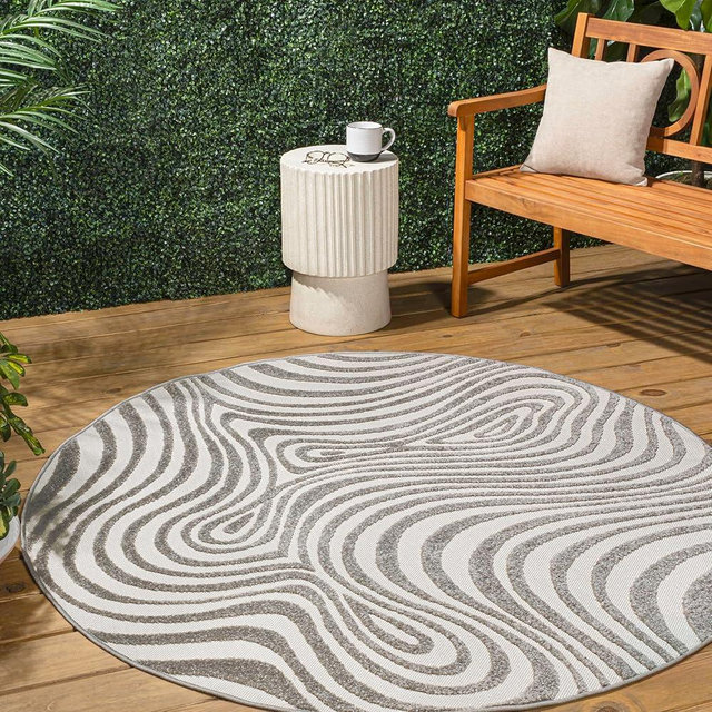 JONATHAN Y Maribo High-Low Abstract Striped Gray/Ivory 9' Round Indoor/Outdoor Area Rug, Pet Friendly, Non-Shedding, Stain Resistant, Easy-Cleaning for Backyard, Patio, Porch (SCN103B-9R)