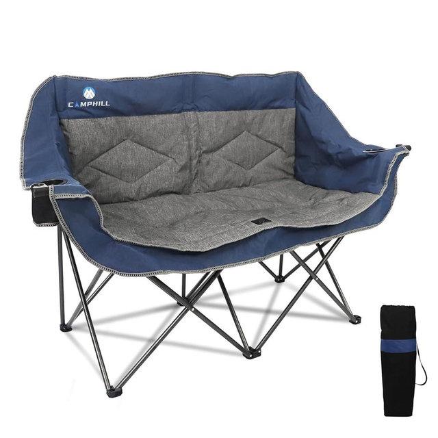 Folding Loveseat Camping Chair, Portable Double Chair w/Cup Holder,Wine Glass Holder,Carry Bag Heavy Duty Lawn Chair for 2 Adults,Perfect for Camp,Hiking,Picnics and Beach Trips,Blue