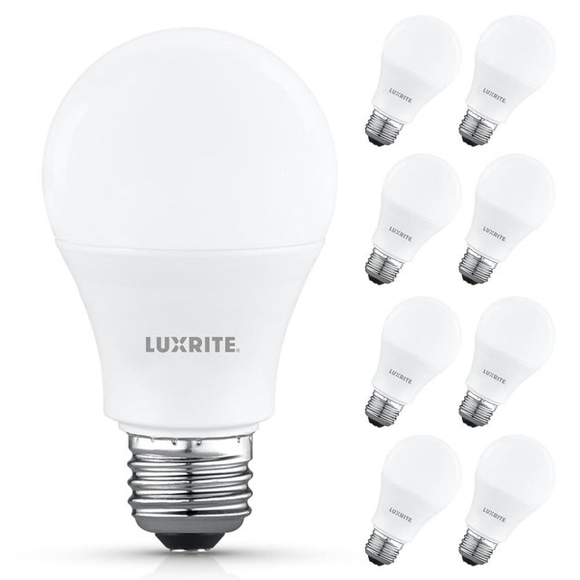 LUXRITE A19 LED Light Bulb 60 Watt Equivalent, Non Dimmable, CRI80, 4000K Cool White, 800LM, Standard LED Light Bulbs 8W, E26 Base, Enclosed Fixture Rated, Damp Rated, ETL Listed (8 Pack)