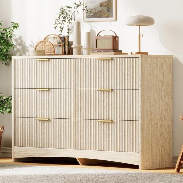 Amada Modern 6 Drawer Dresser, Fluted Wood Chest of Drawers with Rounded Corners, Pre-Installed Drawer Slides, Dresser TV Stand and Storage Organizer for Bedroom, Hallway, Natural Oak