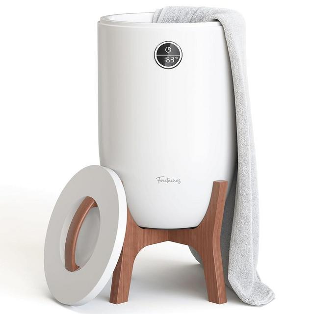 Fontaines Luxury Towel Warmer for Bathroom, Spa, Jacuzzi - Large Heated Towel Warmer Bucket, Wood Handle, Safe Auto Shut Off, Fits Up to Two Large 40x70 Oversized Towels or Robes - White