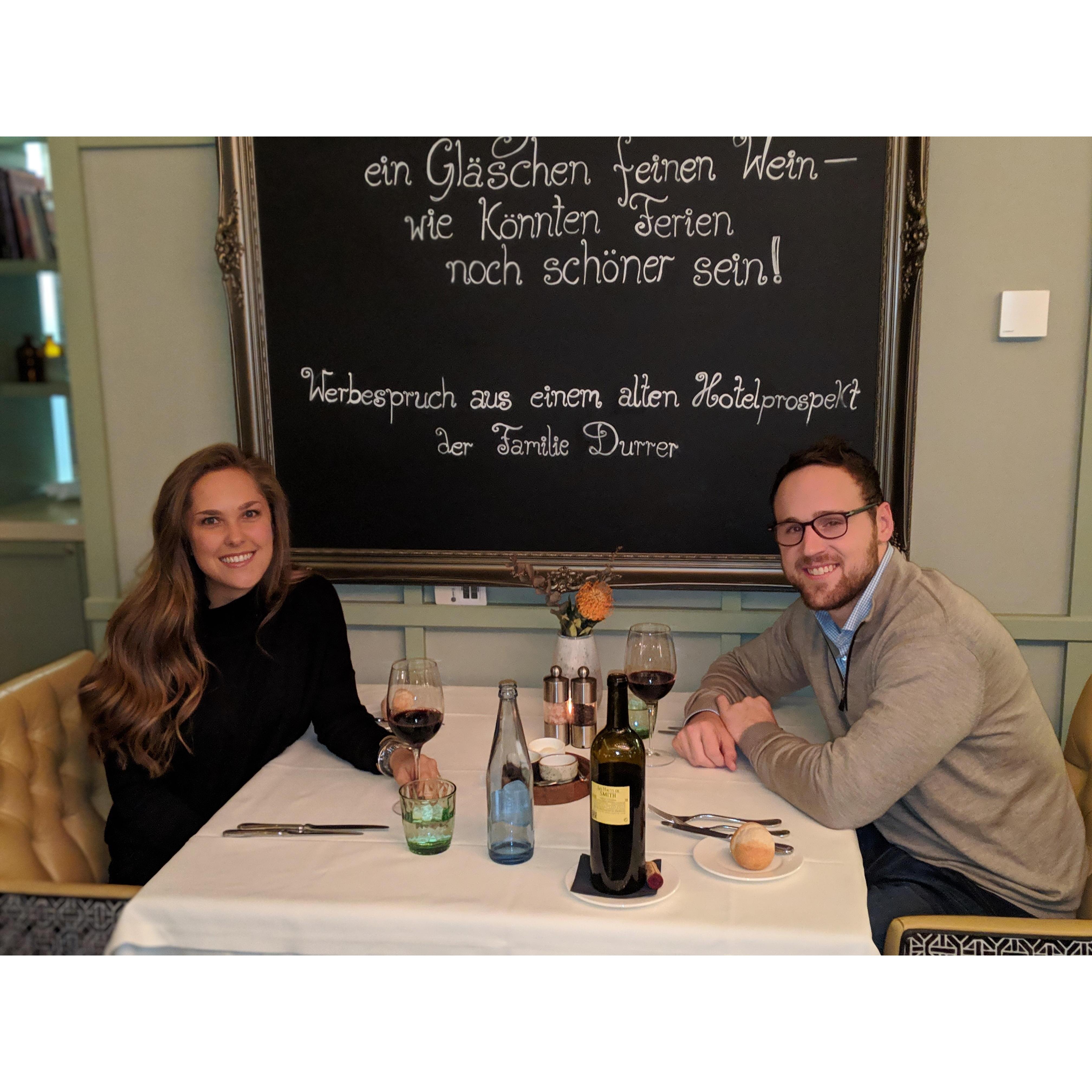 Dinner in Switzerland celebrating our engagement!