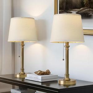 Oneach 19.5” Warm Gold Table Lamps Set of 2, Pull Chain Switch Bedside Table Lamps, Modern Nightstand Lamp with Linen Shade, Small Desk Lamp for Living Room, Bedroom, Home Office, Nursery