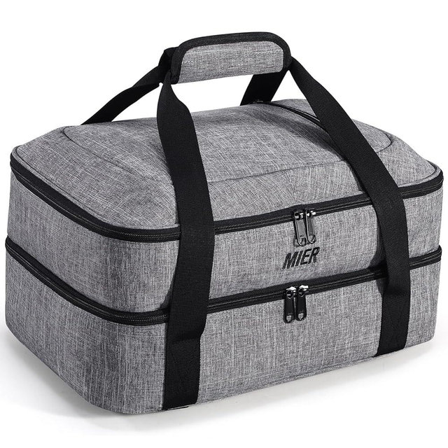 MIER Insulated Casserole Carrier Fits 9"x13" Baking Dishes/Foil Pans, Double Food Carriers Bag Thermal Holder for Hot or Cold Food Lasagna Lugger Potluck Parties Picnic Travel, Gray