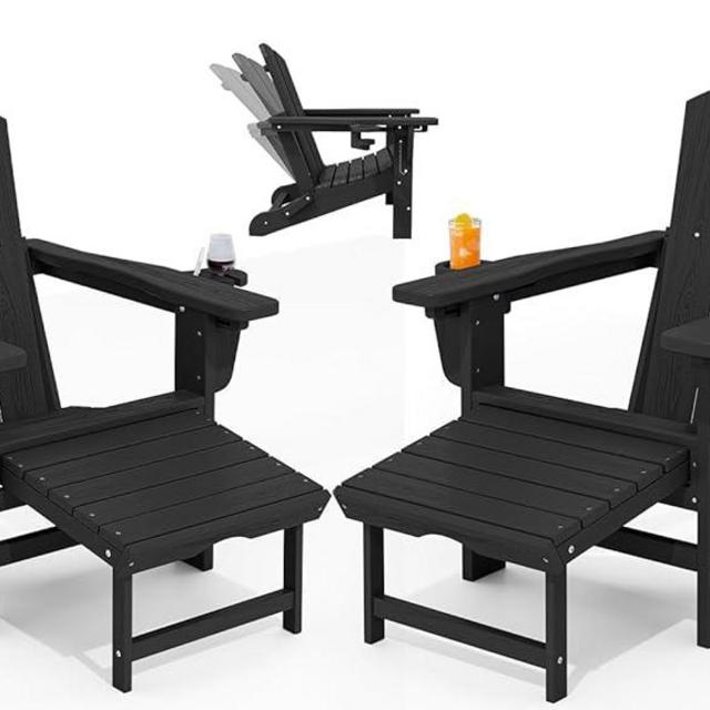 KINGYES Folding Adjustable Adirondack Chairs with Ottoman & 2 Cup Holders Set of 2, HDEP Multifunctional Adirondack Chair with Footrest, Black