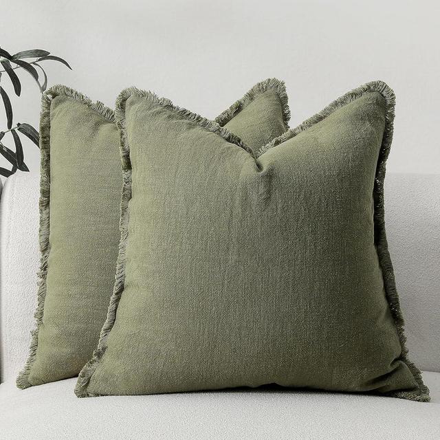 Hckot Green Spring Pillow Covers 20x20 Set of 2 Linen Throw Pillow Covers with Tassels Fringe Neutral Farmhouse Decorative Pillows Cozy Couch Pillows for Bed Living Room Outdoor Boho Decor,Green