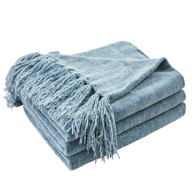 CozeCube Chenille Throw Blanket for Couch, Cozy Plush Fuzzy Decorative Dusty Blue Blanket with Fringe Tassels, Lightweight Throws for Bed Sofa Gift Home Decor, 60"X80"