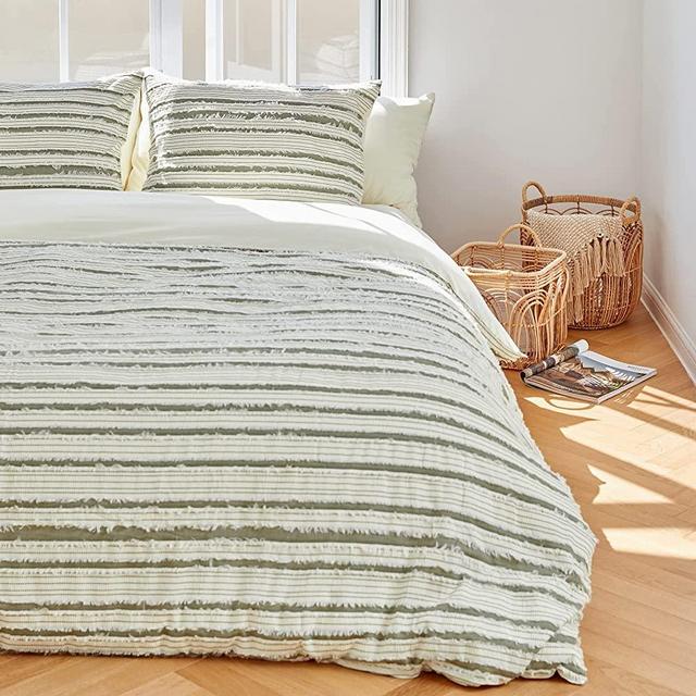 La Jolie Muse Queen Size Duvet Cover Set of 3,100% Natural Cotton Bedding Set with Tufted Striped Pattern, Creamy White and Olive Green,Combo of Duvet Cover and Sham Covers