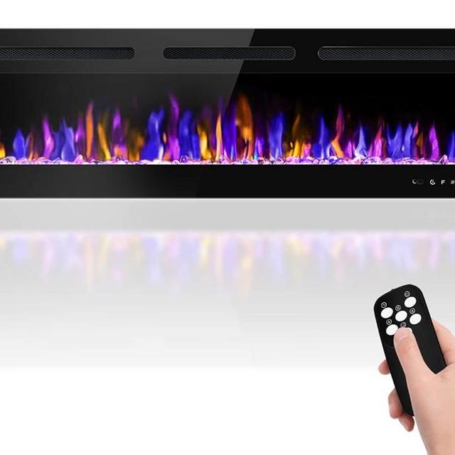 BETELNUT 60" Electric Fireplace Wall Mounted and Recessed with Remote Control, 750/1500W Ultra-Thin Wall Fireplace Heater W/Timer Adjustable Flame Color and Brightness, Log Set & Crystal Options