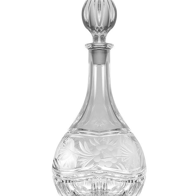 Barski - Hand Cut - Mouth Blown - Crystal - Wine Decanter - With Rose Design - 32 oz. - Made in Europe