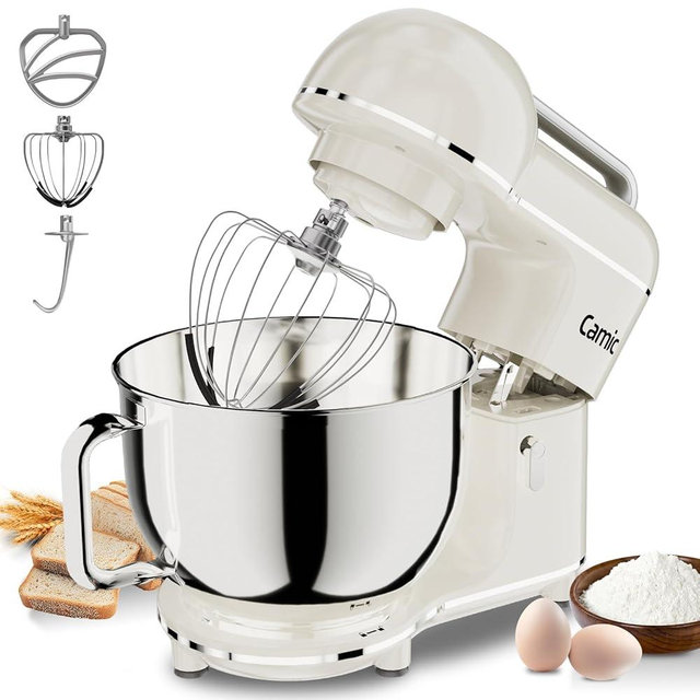 Camic Electric Stand Mixer,7.45 QT,10 Speeds with Dough Hook,Whisk, Flat Beater Attachments, Splash Guard, Easy-Carry Top Handle,3-IN-1 Kitchen Mixer for Baking Cakes Cookie Bread Salad (White)