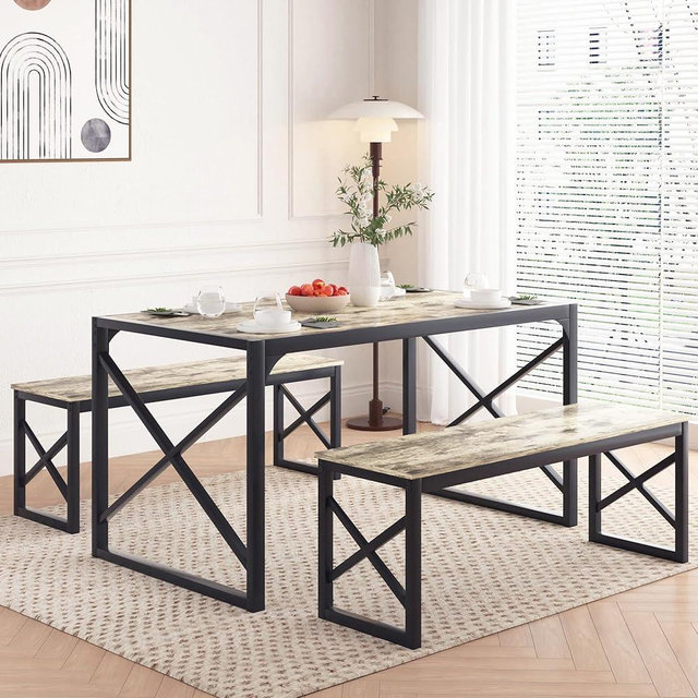VECELO 55" Kitchen Dining Table Set for 4-6, Wood Dinette 2 Benches with Metal Frame for Dinner Breakfast Nook and Small Space, Grey