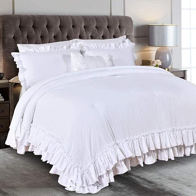 Queen's House Farmhouse Ruffled King Size Comforter Set,White Lightweight Fluffy Boho Chic Bedding Comforter,Ultra Soft Microfiber Inner Fill Bedding