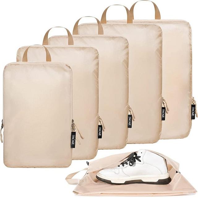 BAGAIL 6 Set Ultralight Compression Packing Cubes Packing Organizer with Shoe Bag for Travel Accessories Luggage Suitcase Backpack(70D,Beige)