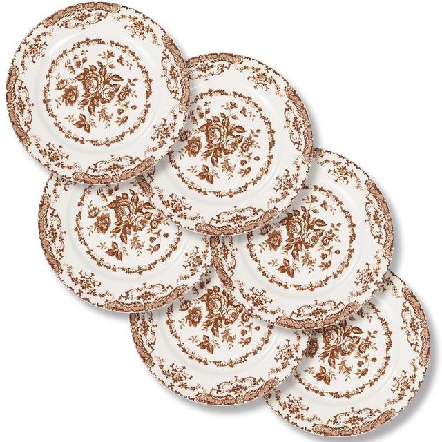 HomeElves Dinner Plates Set of 6, Ceramic Kitchen Plates Microwave Safe Plates, 10.5 Inch Porcelain Dinner Plates Floral Plates, Brown