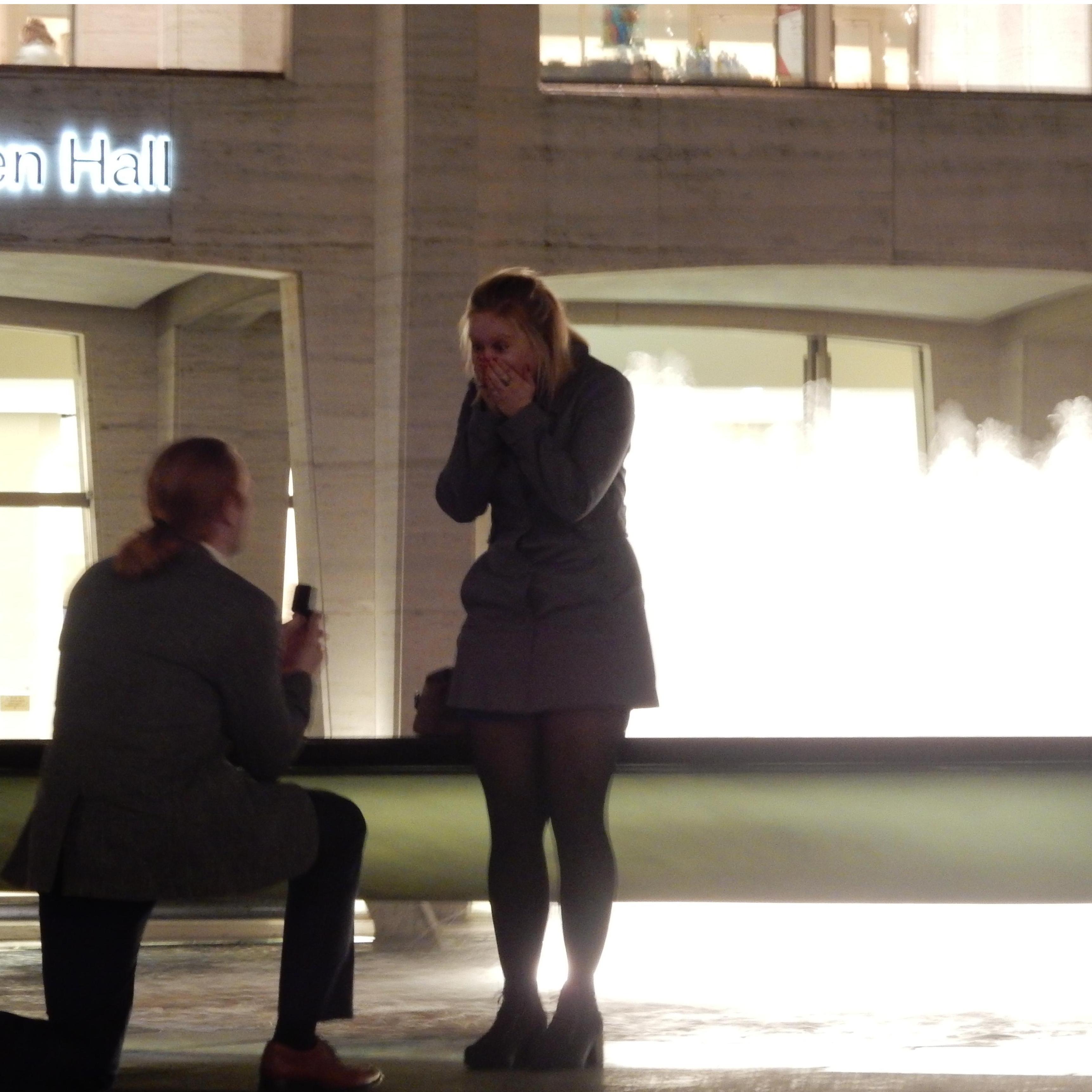 He proposed at the Lincoln Center fountain, in front of the Metropolitan Opera House.