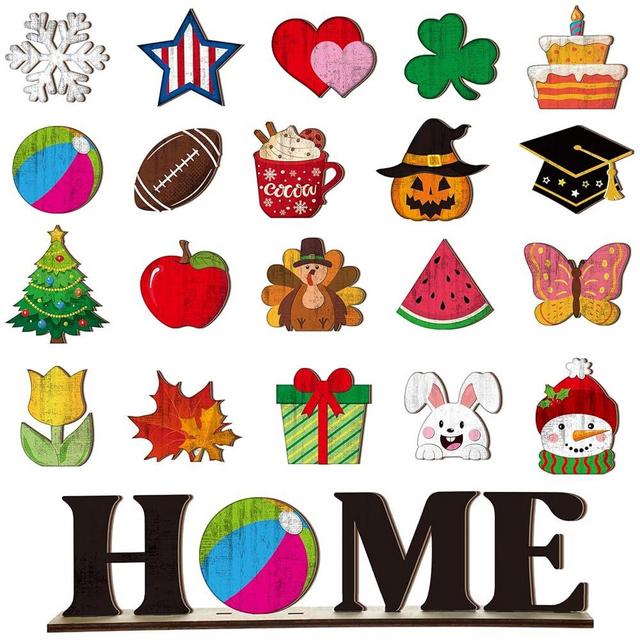Wonderjune 21 Pcs Interchangeable Home Table Signs with Seasonal Icons Wooden Interchangeable Home Sign for Holiday Decor Home Decor Home Sign Interchangeable Seasonal Decor Tiered Tray Decor
