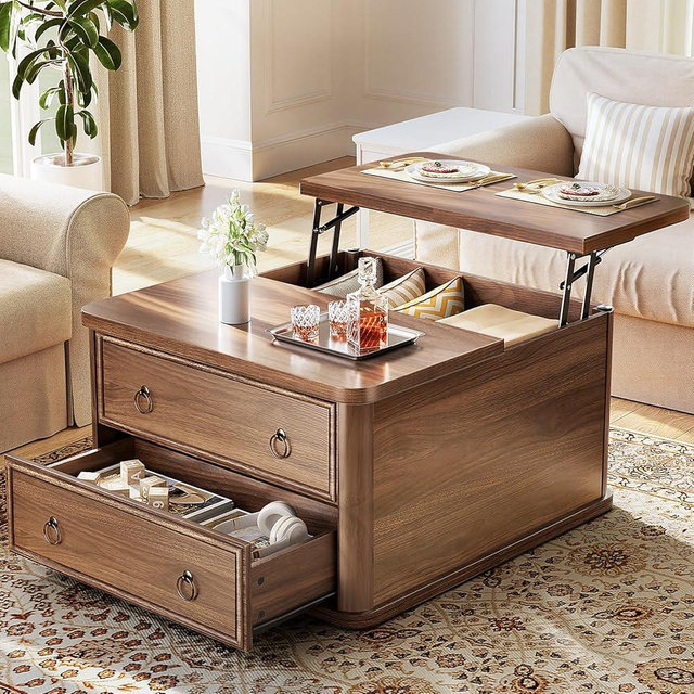 Memobarco 31.5" Lift Top Coffee Table with Storage,Square Coffee Tables with Lifting top for Living Room,Farmhouse Coffee Table with Large Drawers and 2 Hidden Compartment,Walnut