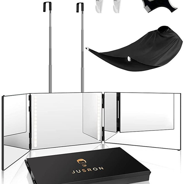 JUSRON 3 Way Mirror for Hair Cutting, 360 Mirror with Height Adjustable Hooks for Door, Bathroom, Portable Trifold Shaving Barber Mirror for Makeup, Cut, Trim, Shave Gift (Black with LED)