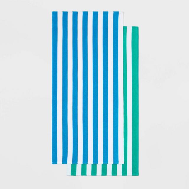 2pk Striped Beach Towel Bundle Green/Blue - Sun Squad™