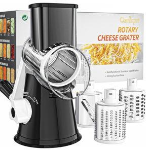 Cambom Rotary Cheese Grater Hand Crank Cheese Shredder for Fresh Cheese, Vegetable, Nuts,Non-slip Suction Base, Free Cleaning Brush Three Blades, Black