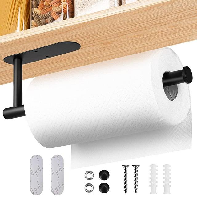 13 inch Black Paper Towel Holder Wall Mount, Inwaysin Under Cabinet Paper Towel Holder, Drilling or Self Adhesive Paper Towel Holder for Kitchen, Bathroom, Cabinets, Wall