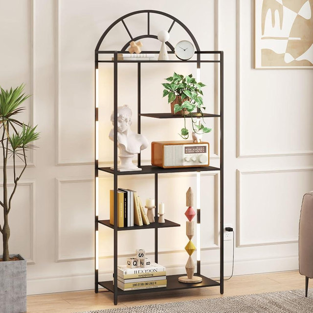 Lifewit Arched Geometric Led Display Shelf with Adjustable Color Temperature, Brightness Control, Etagere Bookshelf with Metal Frame and Wood Shelf for Living Room, Bedroom, Curio Cabinet, Black