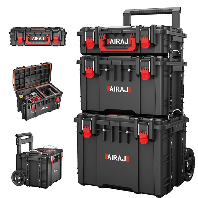 3 Tier Rolling Tool Box Heavy Duty,Stackable Tool Box with Wheels,Modular Storage System with Removable Parts Box,All-terrain Waterproof Toolbox,Telescopic Pull Rod,for Professional Work,Garage