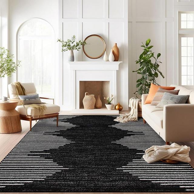 Rugshop Bohemian Stripe Stain Resistant High Traffic Living Room Kitchen Bedroom Dining Home Office Area Rug 8' x 12' Black