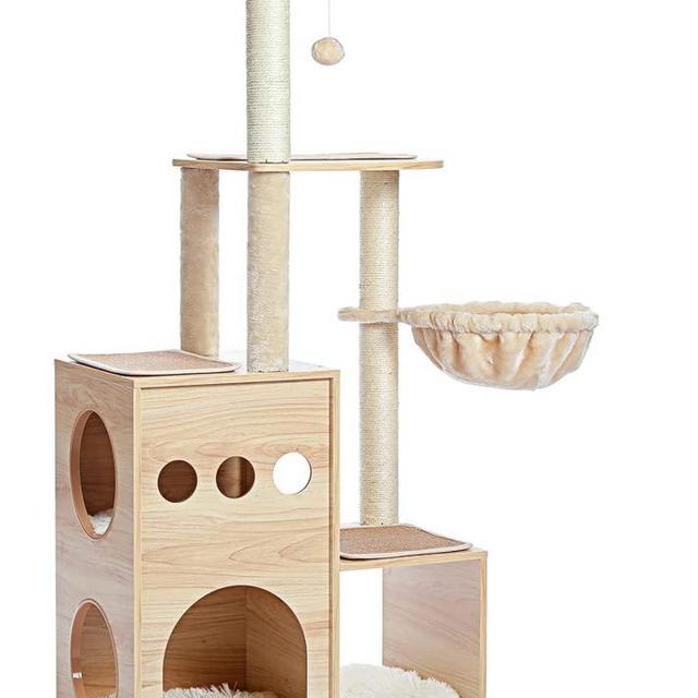 ANPPEX Modern Cat Tower for Indoor Cats, 50” Sturdy Cat Tree with 2 Wooden Condos, 4 Washable Cushions, Hammock and Scratching Posts, Wooden Furniture for Kittens and Cats