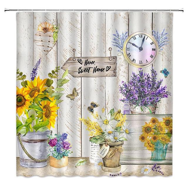 Rustic Sunflower Shower Curtain Vintage Country Farmhouse Barn Wooden Sunflower Lavender Butterfly Daisy Clock Retro Antique Bathroom Decor Fabric Curtain with Hooks