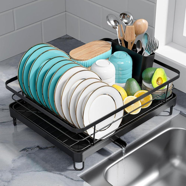 Sakugi Dish Drying Rack - Stainless Steel Dish Rack with Drainboard for Kitchen Counter and Sink, XX-Large, Black